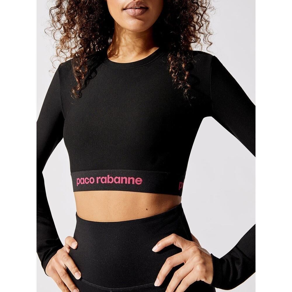 Paco Rabanne Black Long Sleeve Logo Crop Top Size M NWT Bodyline Rare